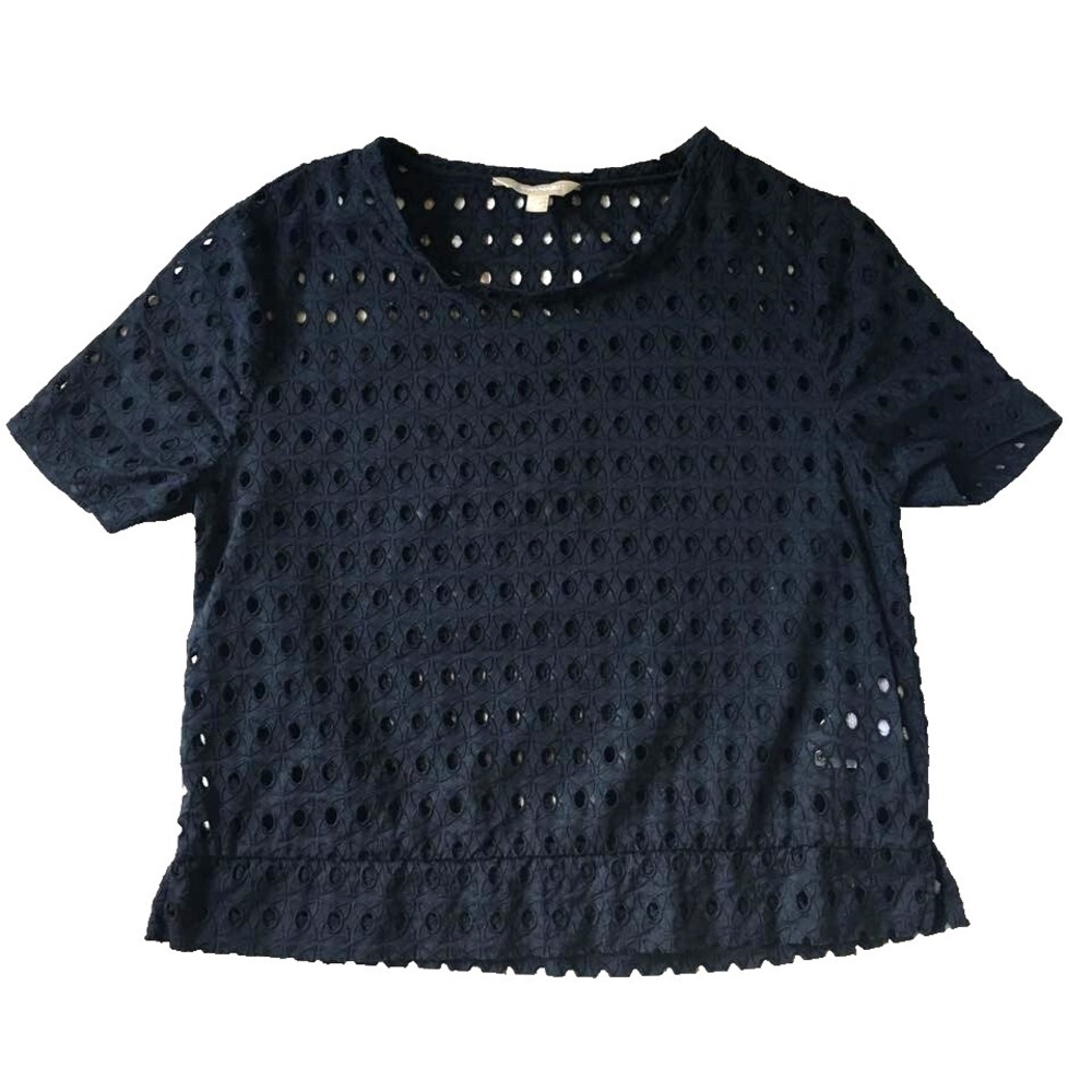 Banana Republic Eyelet Lace Top Women S 4 6 Navy Blue Cotton Coastal Boxy Preppy - Picture 1 of 4